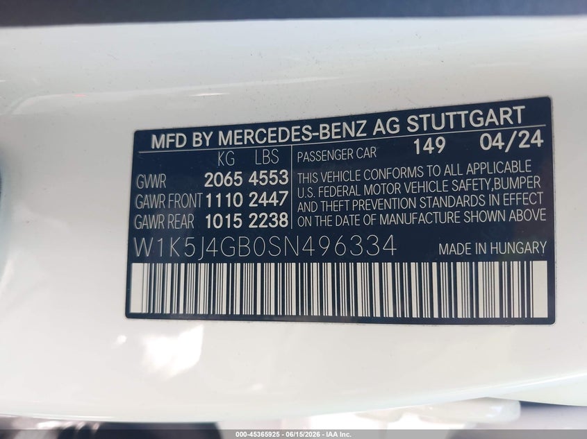 2025 Mercedes-benz VIN W1K5J4GB0SN496334 IAAI salvage auction — FRONT END, Salvage Title, sold $8,050 on 2026-07-17 (photo 9)