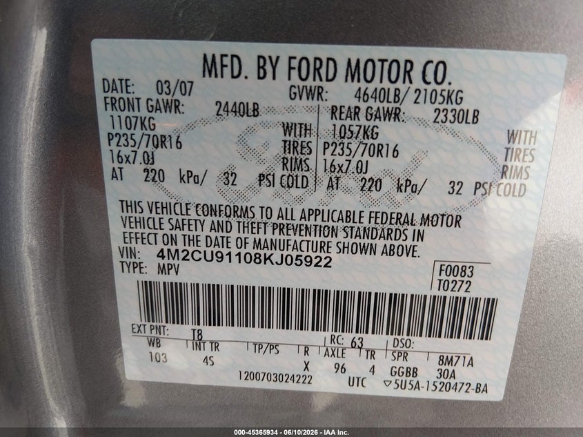 2008 Mercury Mariner VIN 4M2CU91108KJ05922 IAAI salvage auction — ENGINE DAMAGE, Clear (Colorado), sold $250 on 2026-07-08 (photo 9)