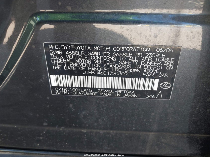 2007 Lexus Es 350 VIN JTHBJ46G472030911 IAAI salvage auction — RIGHT SIDE, Bill Of Sale (Washington), sold $375 on 2026-07-21 (photo 9)