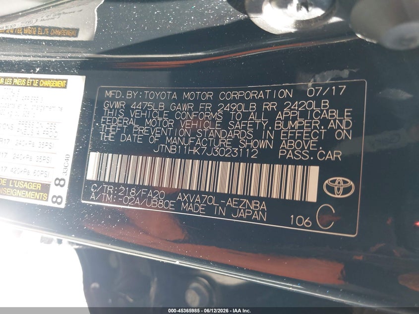 2018 Toyota Camry VIN JTNB11HK7J3023112 IAAI salvage auction — LEFT & RIGHT, Salvage (Pennsylvania), sold $2,650 on 2026-07-10 (photo 9)