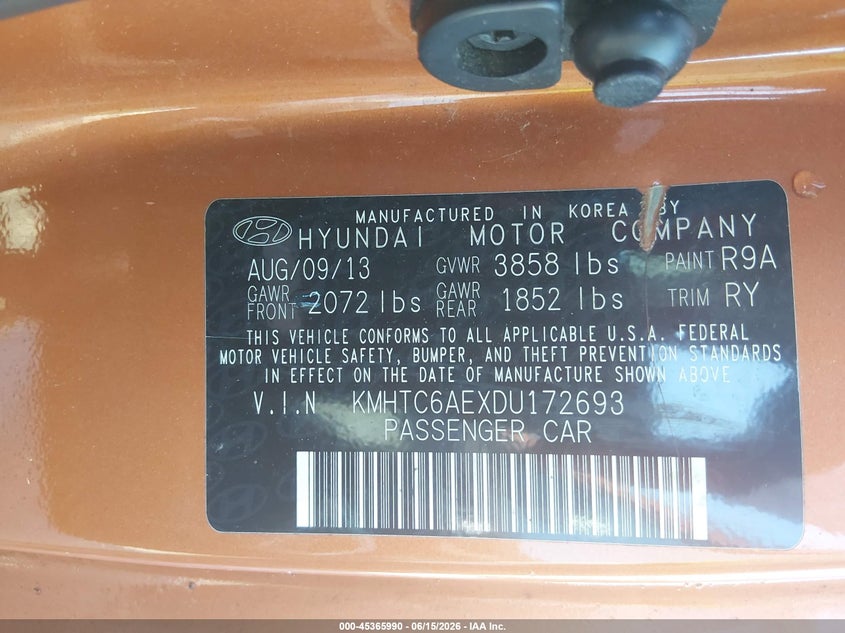 2013 Hyundai Veloster VIN KMHTC6AEXDU172693 IAAI salvage auction — FRONT END, Salvage (South Carolina), sold $275 on 2026-07-15 (photo 9)