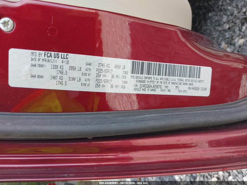 2018 Dodge Grand caravan VIN 2C4RDGBG4JR296761 IAAI salvage auction — NORMAL WEAR, Sf97 (New York), sold $525 on 2026-07-23 (photo 9)