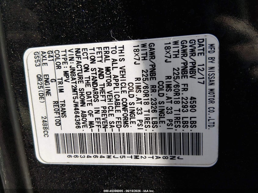 2018 Nissan Rogue VIN JN8AT2MT5JW464366 IAAI salvage auction — FRONT END, Salvage (New Jersey), sold $25 on 2026-07-29 (photo 9)