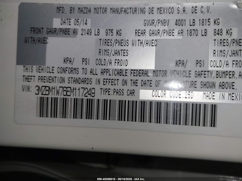 2014 Mazda 3 VIN 3MZBM1W76EM117249 IAAI salvage auction — FRONT END, Salvage Title, sold $1,150 on 2026-09-17 (photo 9)