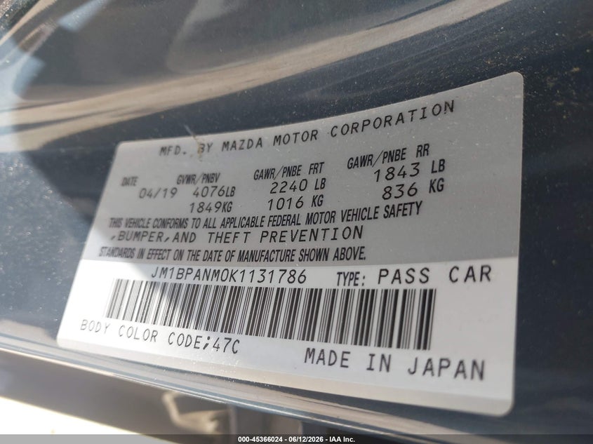 2019 Mazda 3 VIN JM1BPANM0K1131786 IAAI salvage auction — RIGHT SIDE, Original (Texas), sold $3,850 on 2026-07-29 (photo 9)