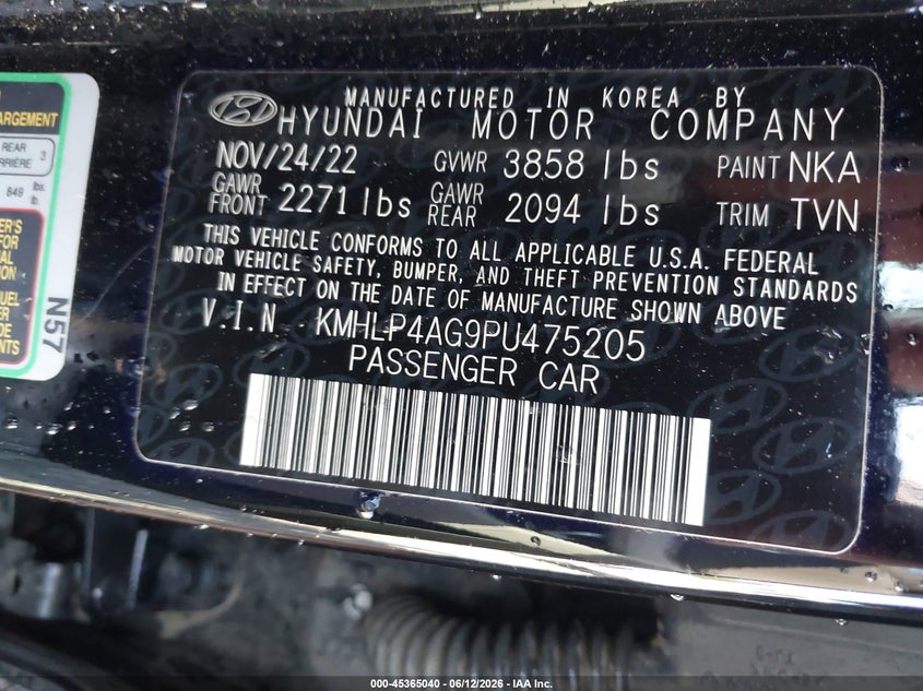 2023 Hyundai Elantra VIN KMHLP4AG9PU475205 IAAI salvage auction — FRONT END, Salvage Non-Reb (South Carolina), sold $1,850 on 2026-08-02 (photo 9)