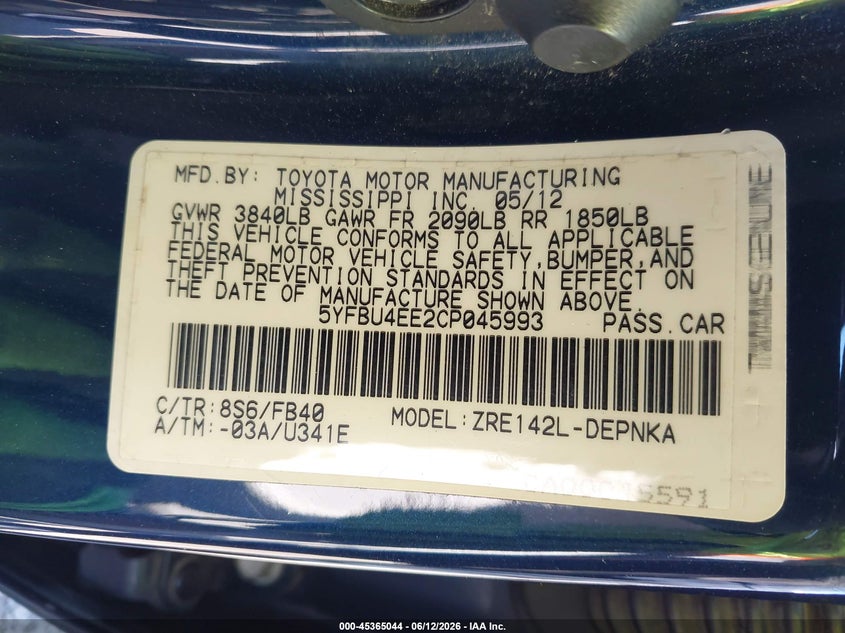 2012 Toyota Corolla VIN 5YFBU4EE2CP045993 IAAI salvage auction — REAR END, Salvage Title, sold $1,950 on 2026-07-17 (photo 9)