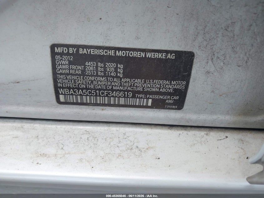 2012 BMW 3er VIN WBA3A5C51CF346619 IAAI salvage auction — NORMAL WEAR, Original (Texas), sold $475 on 2026-07-08 (photo 9)