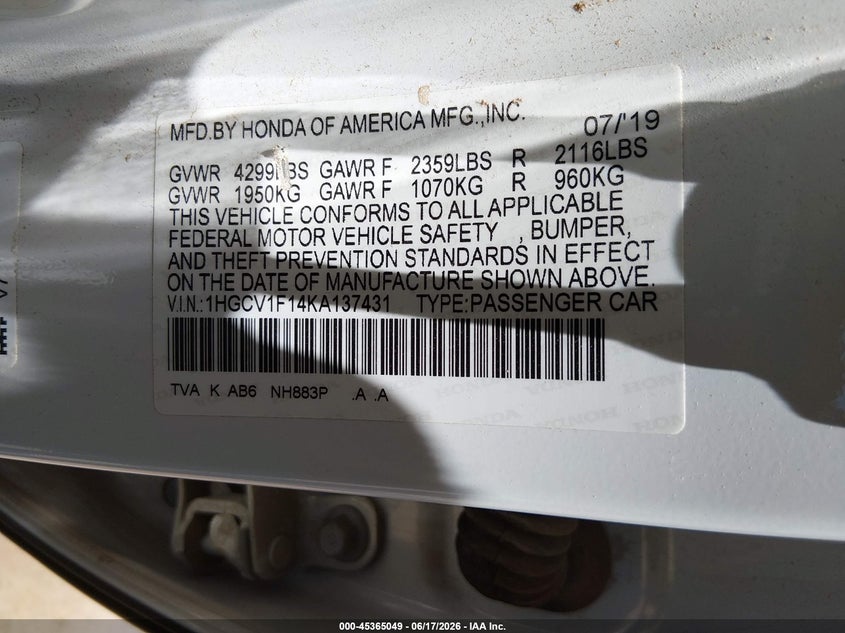 2019 Honda Accord VIN 1HGCV1F14KA137431 IAAI salvage auction — FRONT & REAR, Original (Texas), sold $2,150 on 2026-07-22 (photo 9)