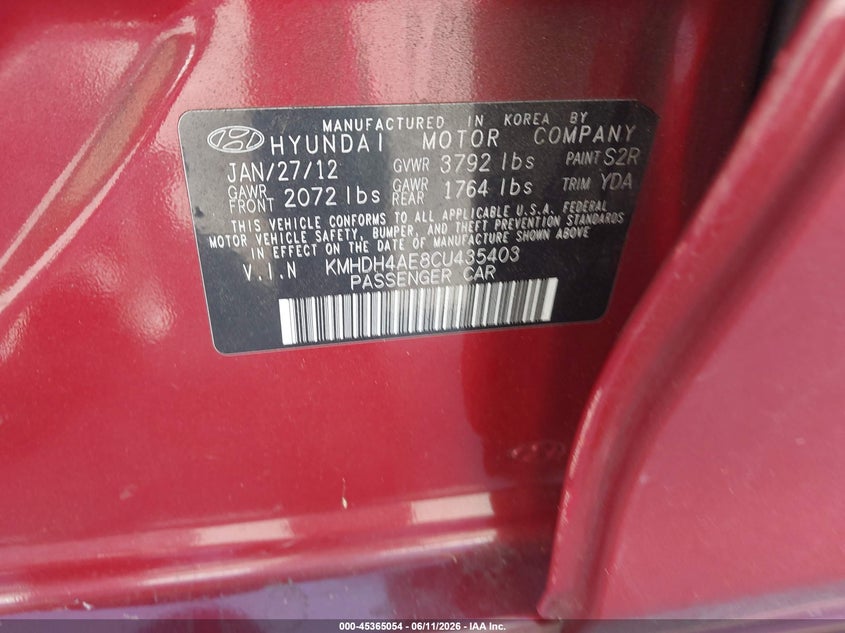 2012 Hyundai Elantra VIN KMHDH4AE8CU435403 IAAI salvage auction — LEFT SIDE, Salvage Title, sold $25 on 2026-07-29 (photo 9)