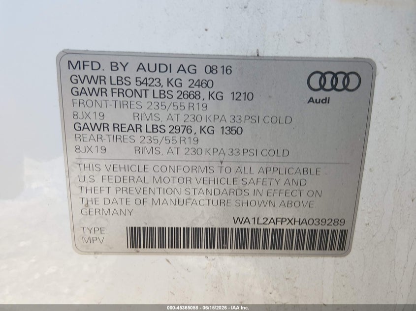 2017 Audi Q5 VIN WA1L2AFPXHA039289 IAAI salvage auction — LEFT FRONT, Salvage - Greater Than 75% (Maryland), sold $2,975 on 2026-07-16 (photo 9)