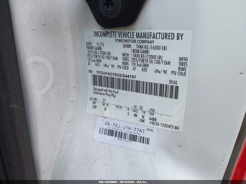 2016 Ford F-450 VIN 1FDUF4GT8GEB44797 IAAI salvage auction — NORMAL WEAR, Sf97 (Virginia), sold $24,400 on 2026-07-22 (photo 9)
