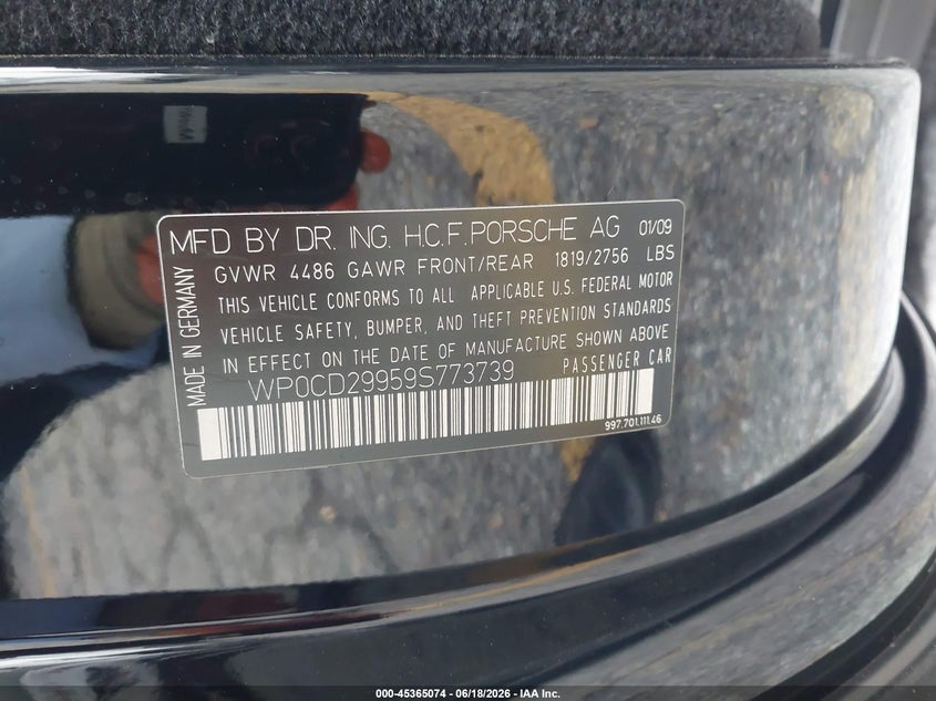 2009 Porsche 911 VIN WP0CD29959S773739 IAAI salvage auction — FRONT & REAR, Salvage (California), sold $39,800 on 2026-08-11 (photo 9)