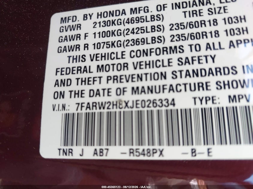 2018 Honda Cr-v VIN 7FARW2H8XJE026334 IAAI salvage auction — FRONT END, Salvage Title, sold $6,575 on 2026-07-28 (photo 9)
