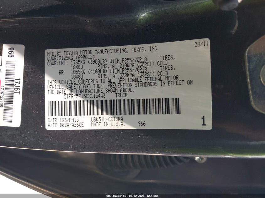 2011 Toyota Tundra VIN 5TFRY5F15BX115443 IAAI salvage auction — SIDE, Salvage (Georgia), sold $4,100 on 2026-07-09 (photo 9)
