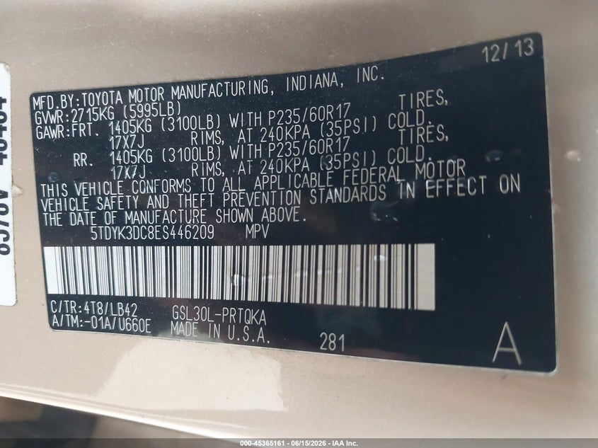 2014 Toyota Sienna VIN 5TDYK3DC8ES446209 IAAI salvage auction — HAIL, Original (Texas), sold $2,200 on 2026-07-26 (photo 9)