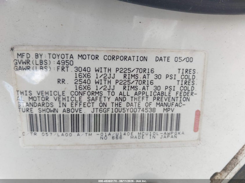 2000 Lexus Rx 300 VIN JT6GF10U5Y0074538 IAAI salvage auction — FRONT END, Salvage (Texas), sold $475 on 2026-07-13 (photo 9)