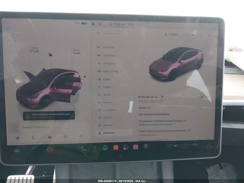 2022 Tesla Model y VIN 7SAYGDEF4NF540644 IAAI salvage auction — SIDE, Salvage Title, sold $2,700 on 2026-08-19 (photo 7)