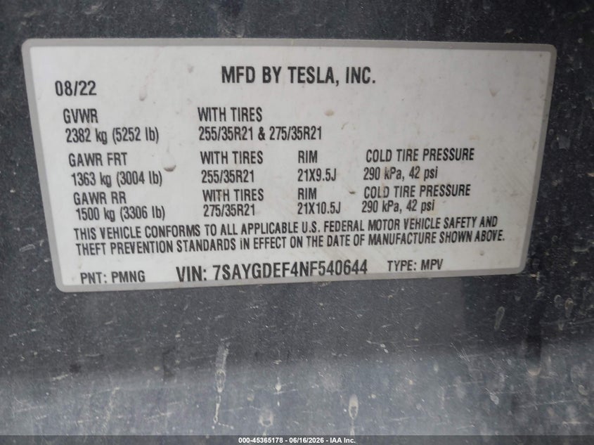 2022 Tesla Model y VIN 7SAYGDEF4NF540644 IAAI salvage auction — SIDE, Salvage Title, sold $2,700 on 2026-08-19 (photo 9)