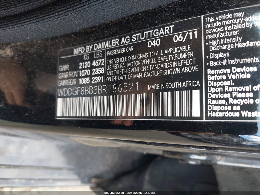 2011 Mercedes-benz C-klasse VIN WDDGF8BB3BR186521 IAAI salvage auction — REAR END, Clear (Virginia), sold $625 on 2026-07-28 (photo 9)