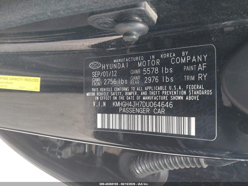 2013 Hyundai Equus VIN KMHGH4JH7DU064646 IAAI salvage auction — REAR END, Salvage (Tennessee), sold $1,400 on 2026-07-09 (photo 9)