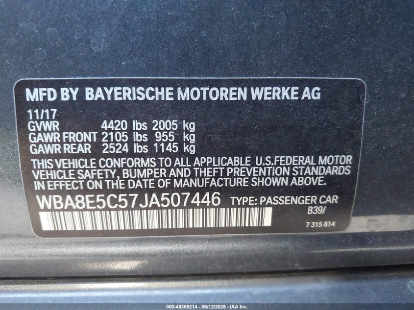 2018 BMW 3er VIN WBA8E5C57JA507446 IAAI salvage auction — FRONT END, Salvage Title, sold $3,175 on 2026-07-15 (photo 9)