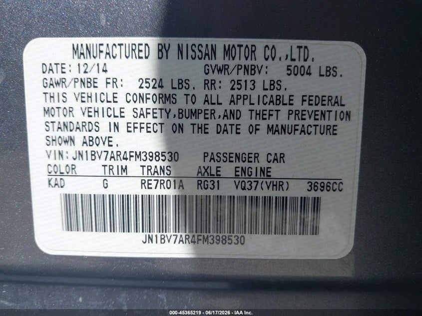 2015 Infiniti Q50 VIN JN1BV7AR4FM398530 IAAI salvage auction — FRONT & REAR, Clear (Massachusetts), sold $1,875 on 2026-07-17 (photo 9)