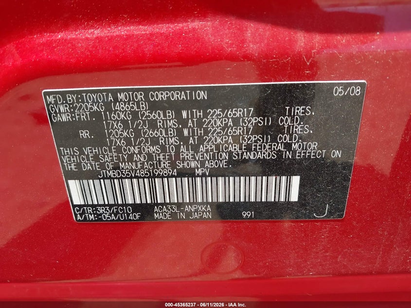 2008 Toyota Rav4 VIN JTMBD35V485199894 IAAI salvage auction — FRONT END, Clear (Indiana), sold $250 on 2026-07-15 (photo 9)