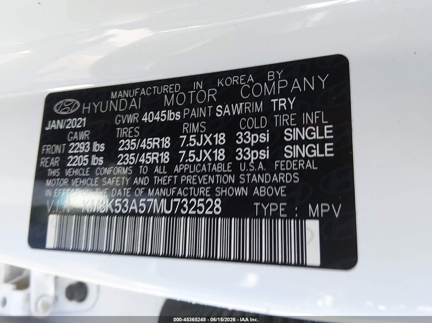 2021 Hyundai Kona VIN KM8K53A57MU732528 IAAI salvage auction — FRONT END, Salvage (North Carolina), sold $3,600 on 2026-07-20 (photo 9)