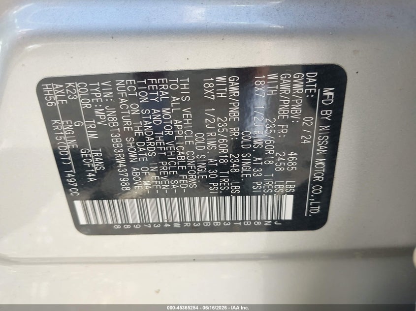 2024 Nissan Rogue VIN JN8BT3BB3RW437988 IAAI salvage auction — WATER/FLOOD, Mv-907A (New York), sold $10,100 on 2026-07-14 (photo 9)