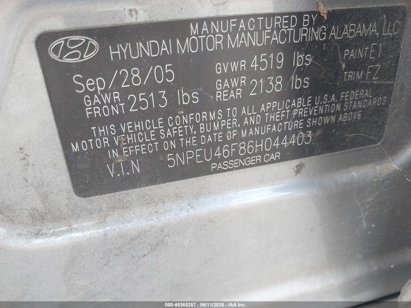 2006 Hyundai Sonata VIN 5NPEU46F86H044403 IAAI salvage auction — FRONT END, Original (Texas), sold $400 on 2026-07-16 (photo 9)