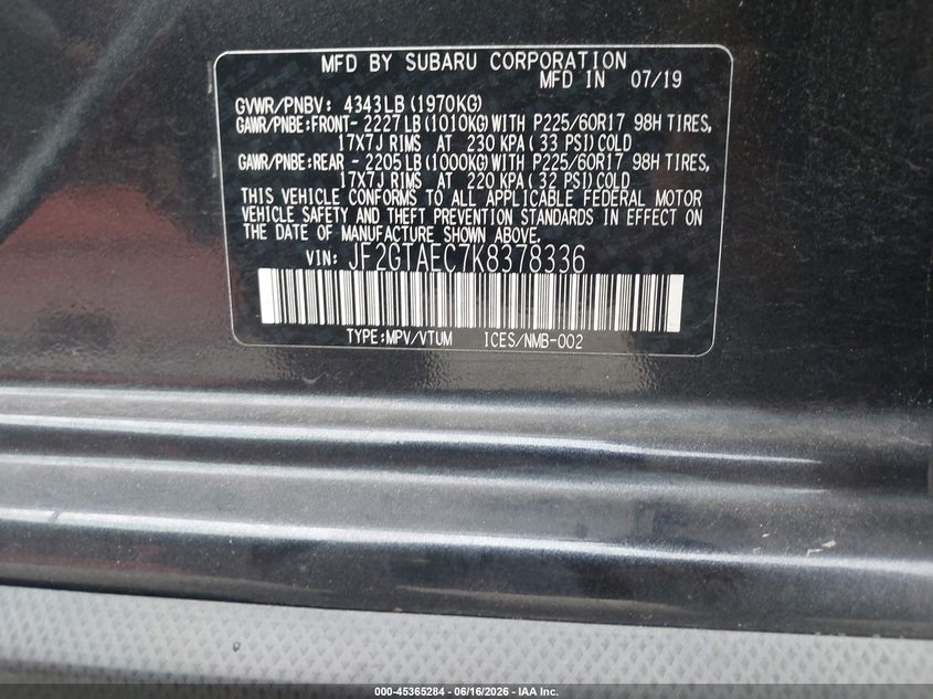 2019 Subaru Xv VIN JF2GTAEC7K8378336 IAAI salvage auction — RIGHT FRONT, Salvage Title, sold $1,450 on 2026-07-28 (photo 9)