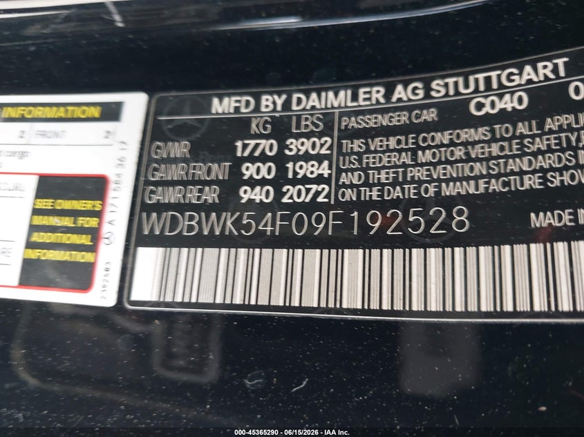 2009 Mercedes-benz Slk-class VIN WDBWK54F09F192528 IAAI salvage auction — RIGHT SIDE, Salvage (California), sold $2,525 on 2026-07-13 (photo 9)