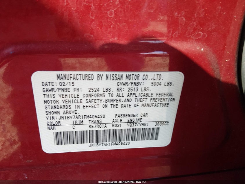 2015 Infiniti Q50 VIN JN1BV7AR1FM405420 IAAI salvage auction — REAR END, Salvage (Illinois), sold $1,500 on 2026-07-22 (photo 9)