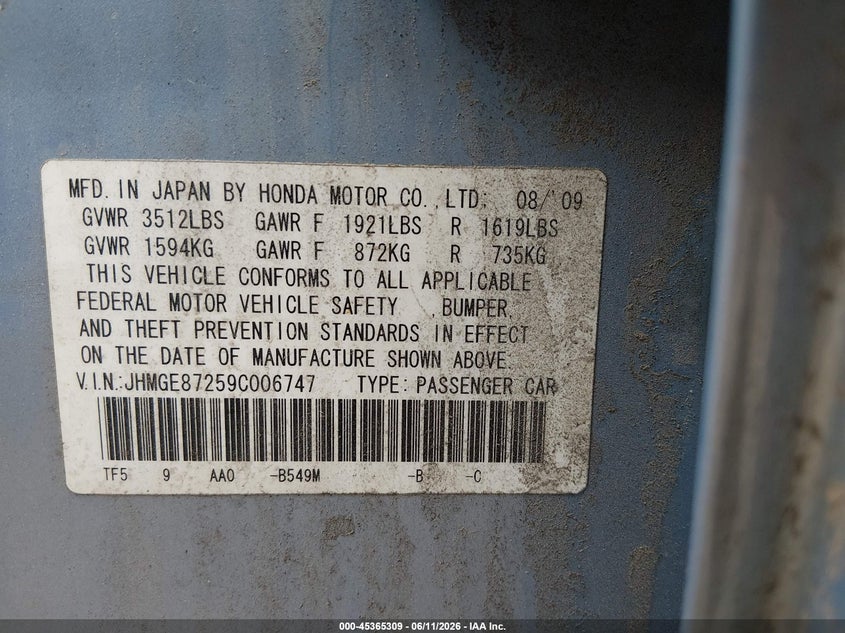 2009 Honda Fit VIN JHMGE87259C006747 IAAI salvage auction — NORMAL WEAR, Original (Vermont), sold $100 on 2026-07-19 (photo 9)