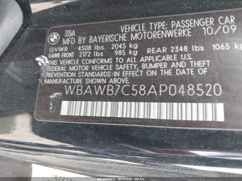2010 BMW 3 series VIN WBAWB7C58AP048520 IAAI salvage auction — FRONT & REAR, Salvage (Texas), sold $550 on 2026-07-29 (photo 9)