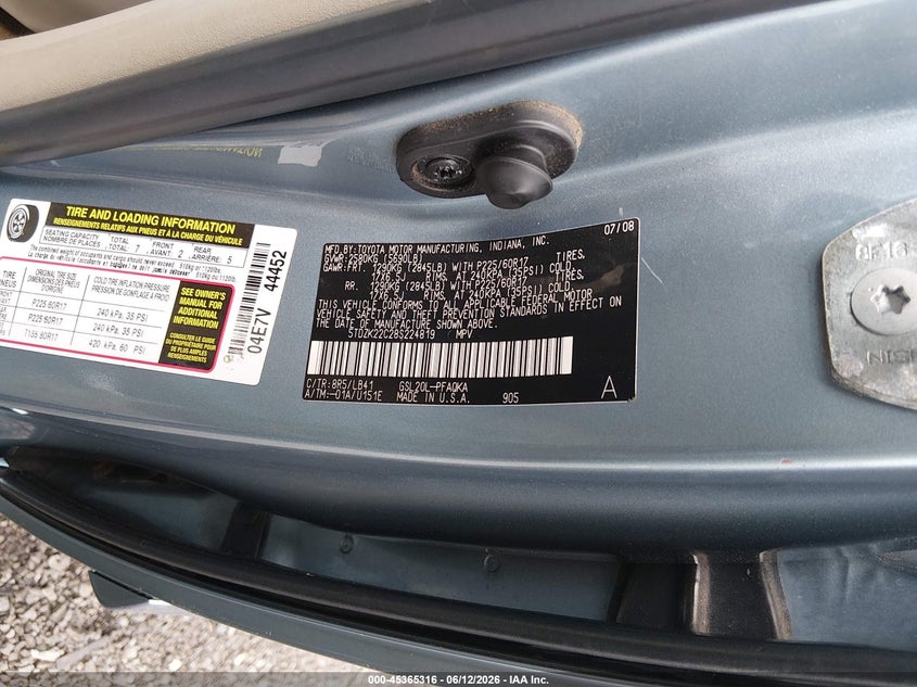 2008 Toyota Sienna VIN 5TDZK22C28S224819 IAAI salvage auction — FRONT END, Salvage (New Jersey), sold $775 on 2026-07-29 (photo 9)