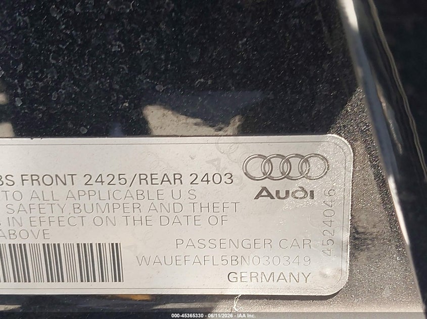 2011 Audi A4 VIN WAUEFAFL5BN030349 IAAI salvage auction — FRONT END, Salvage (California), sold $675 on 2026-07-30 (photo 9)