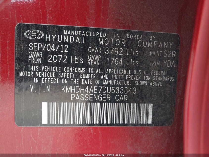 2013 Hyundai Elantra VIN KMHDH4AE7DU633343 IAAI salvage auction — FRONT END, Salvage (Texas), sold $800 on 2026-07-07 (photo 9)