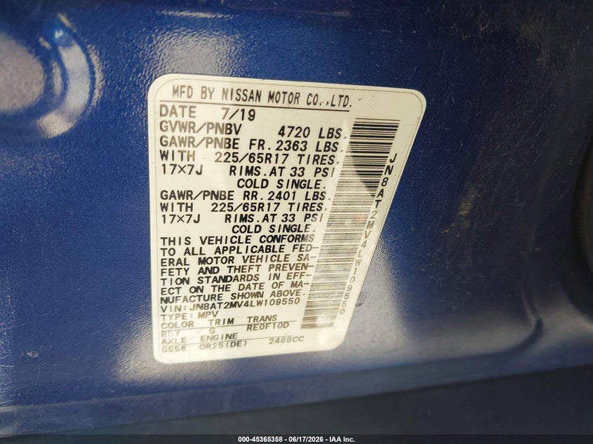 2020 Nissan Rogue VIN JN8AT2MV4LW109550 IAAI salvage auction — NORMAL WEAR, Original (Texas), sold $6,425 on 2026-07-08 (photo 9)