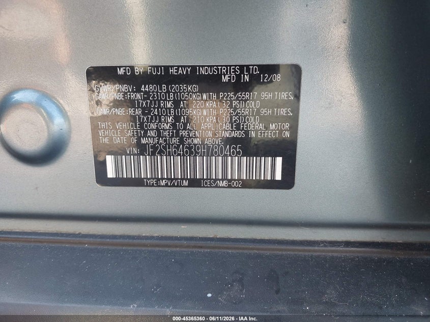 2009 Subaru Forester VIN JF2SH64639H780465 IAAI salvage auction — FRONT & REAR, Repossession Paperwork (Georgia), sold $325 on 2026-07-29 (photo 9)