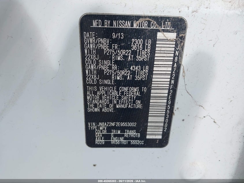 2014 Infiniti Qx80 VIN JN8AZ2NF2E9553002 IAAI salvage auction — REPOSSESSION, Original (Texas), sold $1,900 on 2026-07-07 (photo 9)