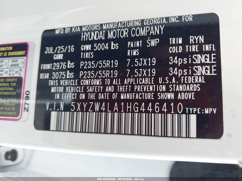 2017 Hyundai Santa fe VIN 5XYZW4LA1HG446410 IAAI salvage auction — FRONT END, Rebuildable (Florida), sold $1,850 on 2026-07-30 (photo 9)