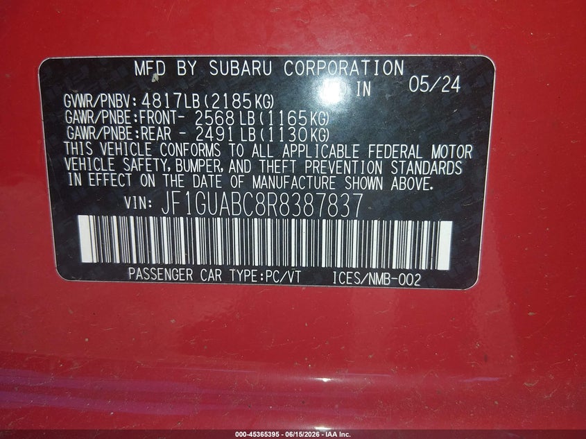 2024 Subaru Impreza VIN JF1GUABC8R8387837 IAAI salvage auction — FRONT END, Salvage - Greater Than 75% (Maryland), sold $3,350 on 2026-07-08 (photo 9)