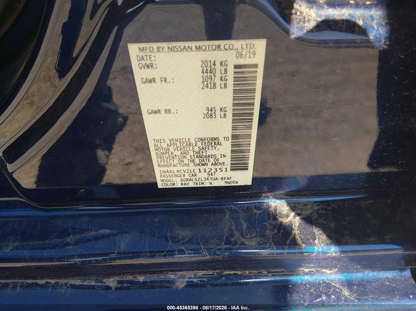 2020 Nissan Altima VIN 1N4AL4CV2LC112351 IAAI salvage auction — RIGHT REAR, Salvage Title, sold $1,700 on 2026-07-24 (photo 9)