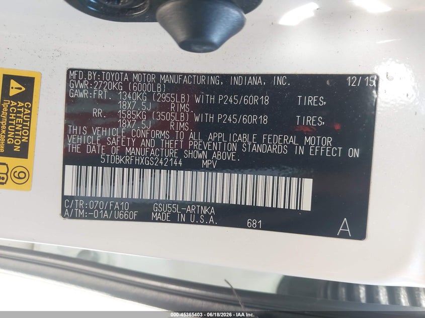 2016 Toyota Highlander VIN 5TDBKRFHXGS242144 IAAI salvage auction — ROLLOVER, Non-Repairable (California), sold $1,650 on 2026-07-17 (photo 9)