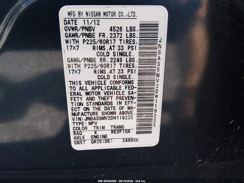 2013 Nissan Rogue VIN JN8AS5MV2DW119225 IAAI salvage auction — FRONT END, Salvage (South Carolina), sold $250 on 2026-07-28 (photo 9)