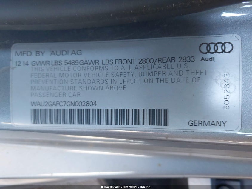 2016 Audi A7 VIN WAU2GAFC7GN002804 IAAI salvage auction — FRONT END, Salvage Title, sold $750 on 2026-07-28 (photo 9)