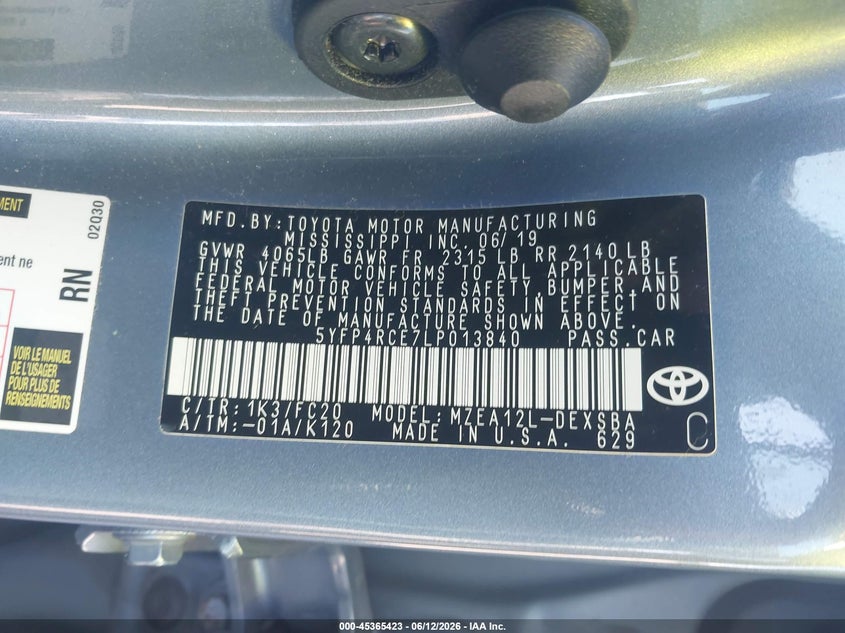 2020 Toyota Corolla VIN 5YFP4RCE7LP013840 IAAI salvage auction — REAR END, Salvage (Minnesota), sold $4,350 on 2026-07-29 (photo 9)