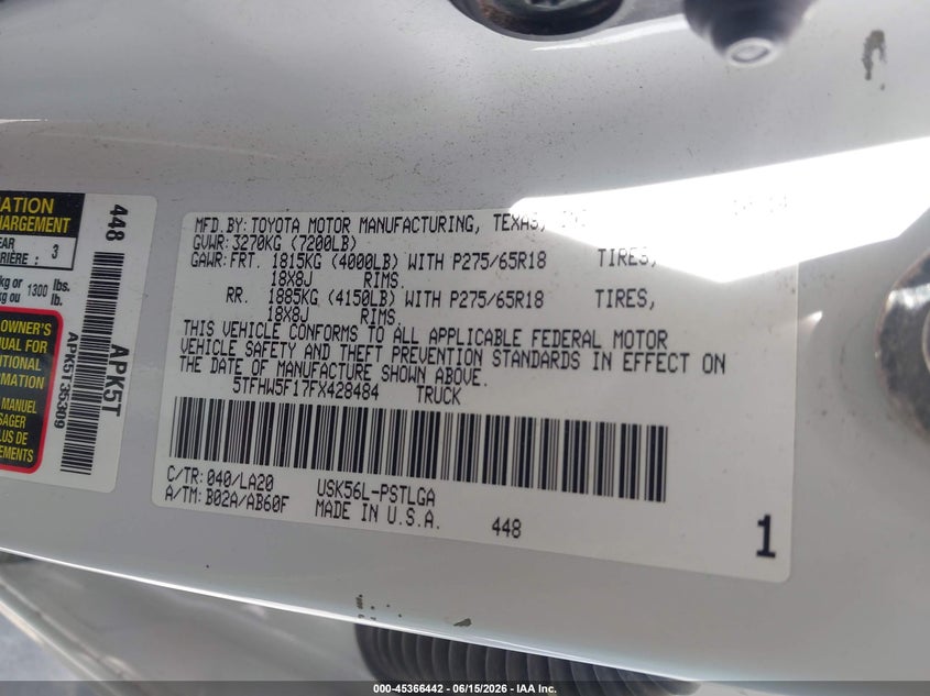 2015 Toyota Tundra VIN 5TFHW5F17FX428484 IAAI salvage auction — REAR END, Salvage (North Carolina), sold $8,100 on 2026-07-30 (photo 9)
